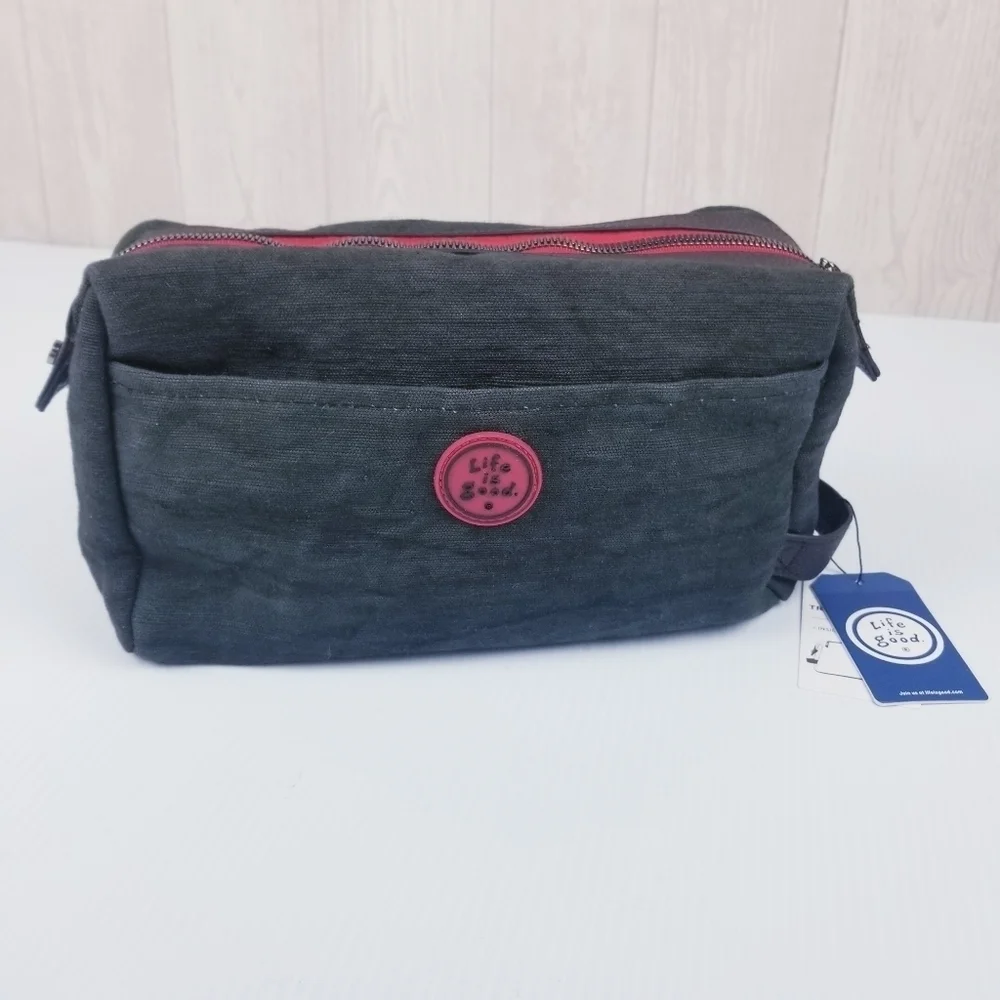 Life Is Good Black Canvas Football Tailgate Toiletry Travel Bag NWT